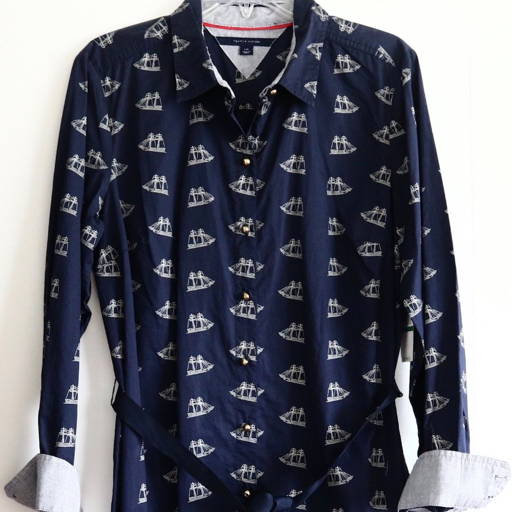 Tommy Hilfiger Shirtdress Button Down Shirt Dress Blue 100% Cotton Sailing Ship - Picture 5 of 7